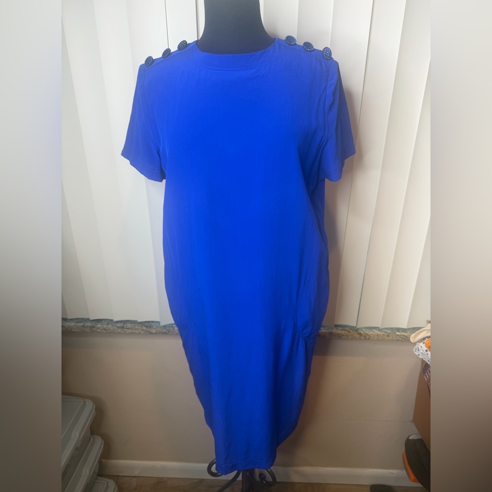 Shomi 100% Silk Blue Sheath Dress Embellished Shoulder Quiet Luxury Size 10